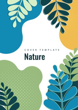 Dalgalı kenarları olan soyut şekiller, beyaz arka planda yaprakları olan düzgün kıvrımlı dallar. Tasarımınız için modern ekolojik şablon. Vektör illüstrasyonu.