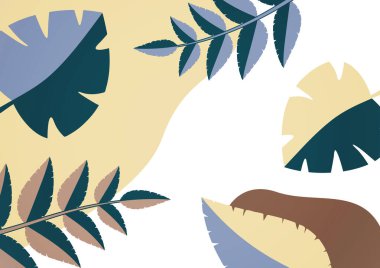 Geometrik şekiller, beyaz arka planda soyut tropikal yapraklar. Kapak tasarımın için dinamik şablon. Vektör illüstrasyonu.