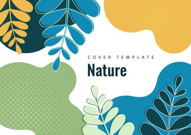 Dalgalı kenarları olan soyut şekiller, beyaz arka planda yaprakları olan düzgün kıvrımlı dallar. Tasarımınız için modern ekolojik şablon. Vektör illüstrasyonu.