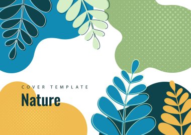 Dalgalı kenarları olan soyut şekiller, beyaz arka planda yaprakları olan düzgün kıvrımlı dallar. Tasarımınız için modern ekolojik şablon. Vektör illüstrasyonu.