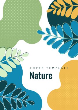 Dalgalı kenarları olan soyut şekiller, beyaz arka planda yaprakları olan düzgün kıvrımlı dallar. Tasarımınız için modern ekolojik şablon. Vektör illüstrasyonu.