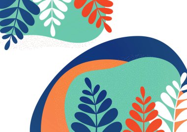 Dalgalı renkli şekilleri ve yaprakları olan bir poster. Kapaklar, posterler, afişler, el ilanları, sunumlar ve raporlar için tasarım şablonu. Vektör illüstrasyonu.