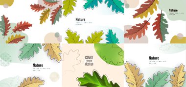 Yaratıcı el ilanları. Arka planda sonbahar meşe yaprakları. Tasarımın için şablon. Vektör illüstrasyonu