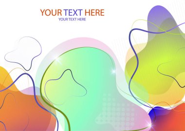 Parlak renkli soyut dinamik sıvı şekilleri, beyaz arkaplandaki çizgilerden geometrik şekiller. Ekran koruyucu şekil tasarımı, modaya uygun şablon. Vektör illüstrasyonu