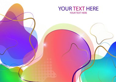 Parlak renkli soyut dinamik sıvı şekilleri, beyaz arkaplandaki çizgilerden geometrik şekiller. Ekran koruyucu şekil tasarımı, modaya uygun şablon. Vektör illüstrasyonu