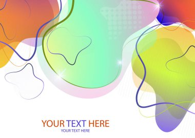 Parlak renkli soyut dinamik sıvı şekilleri, beyaz arkaplandaki çizgilerden geometrik şekiller. Ekran koruyucu şekil tasarımı, modaya uygun şablon. Vektör illüstrasyonu