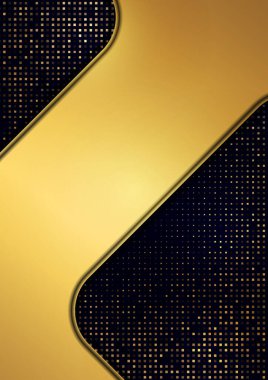 Parlak yarım ton noktalar ve koyu arkaplanda altın geometrik şekiller. Lüks poster arka plan şablonu. Modern grafik tasarımı için 3 boyutlu reklam. Vektör illüstrasyonu