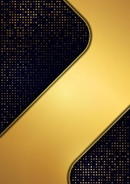 Parlak yarım ton noktalar ve koyu arkaplanda altın geometrik şekiller. Lüks poster arka plan şablonu. Modern grafik tasarımı için 3 boyutlu reklam. Vektör illüstrasyonu