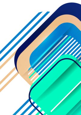 Üst üste binen yuvarlak kareler, çizgiler. Yaratıcı reklamcılık için parlak geometrik tasarım, poster ya da broşür modada. Vektör illüstrasyonu