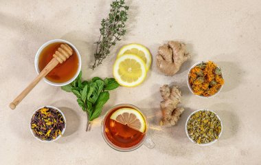 Bir fincan taze meyve ve nane, limon ve zencefilli bitki çayı. Sağlıklı bir konsept, gribi önlemeye yardımcı olur. Sert gölgeler eğilimi.