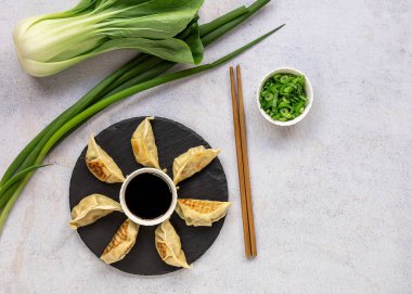 Vejetaryen-Dost canlısı, tavada kızartılmış Gyoza mantı, lahana, havuç ve soğanlı. Boşluğu kopyala, üst görünüm.