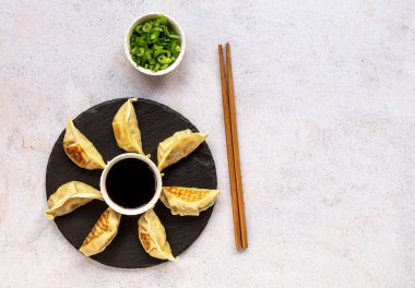 Vejetaryen-Dost canlısı, tavada kızartılmış Gyoza mantı, lahana, havuç ve soğanlı.. 