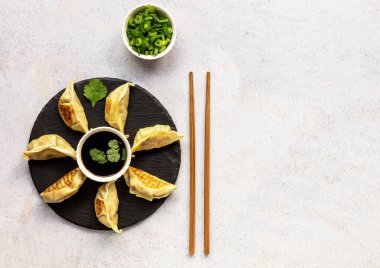 Vejetaryen-Dost canlısı, tavada kızartılmış Gyoza mantı, lahana, havuç ve soğanlı. Boşluğu kopyala, üst görünüm.