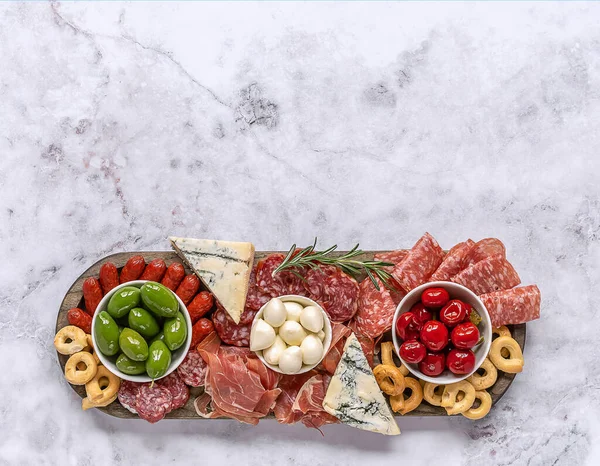 Italian Antipasti Charcuterie Board Assortments Meat Cheese Snacks Copy Space — Stock Photo, Image