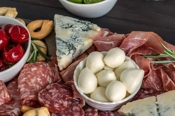 Charcuterie Board Italian Style Cured Meat Mozzarella Olives Peppers Crackers — Stock Photo, Image