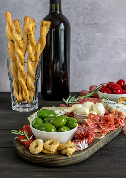 Appetizers Board Different Italian Antipasti Cheese Charcuterie Snacks Wine Wooden — Stock Photo, Image