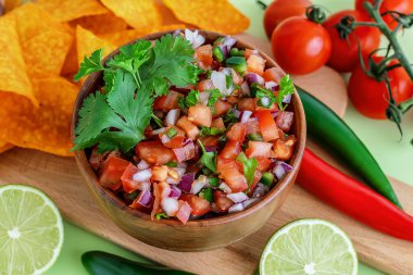 Salsa Roja geleneksel Meksika sosu ve açık yeşil arkaplan yapımında kullanılan malzemeler. Nachos ile ev yapımı Pico de Gallo tarifi. 