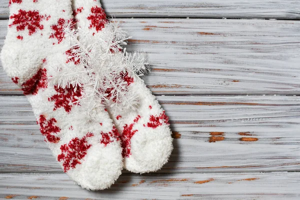 Christmas White Socks Snowflakes White Wooden Background — Stock Photo, Image