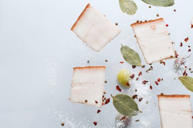 Baharatlı çiğ domuz yağı, defne yaprağı ve sarımsak beyaz bir arka planda. Yiyecek uçurma konsepti. Düz iskemle, üst manzara, kopyalama alanı. Büyük bir parça taze yağ. Ukrayna domuzu, geleneksel yiyecekler