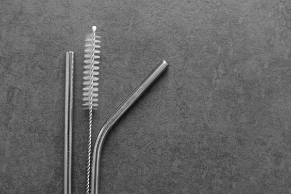 Metal Straws Cleaning Brush Gray Background Ecological Product Absolutely Safe — Stock Photo, Image