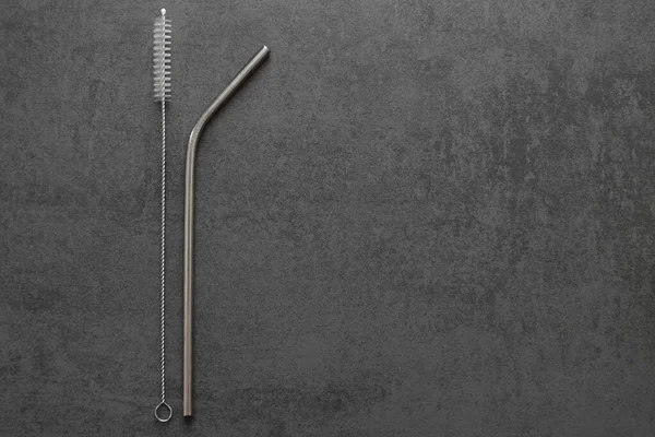 Metal Straws Cleaning Brush Gray Background Ecological Product Absolutely Safe — Stock Photo, Image