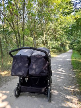 Yazın ikizleriyle parkta gezen genç bir kadın.