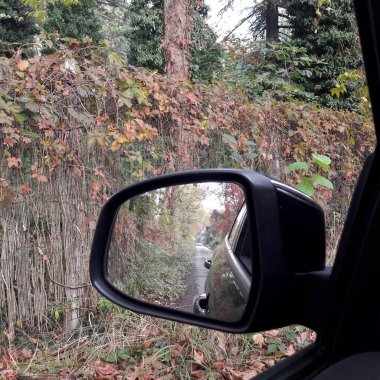 Sonbaharda kırsalda arabanın dikiz aynası.