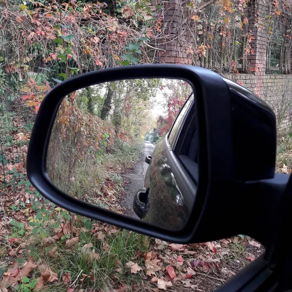 Bakre Backspegel Bilen Hösten Landsbygden — Stockfoto