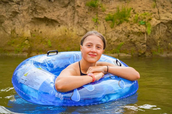 Happy Girl Lying Inflatable Circle River — Zdjęcie stockowe