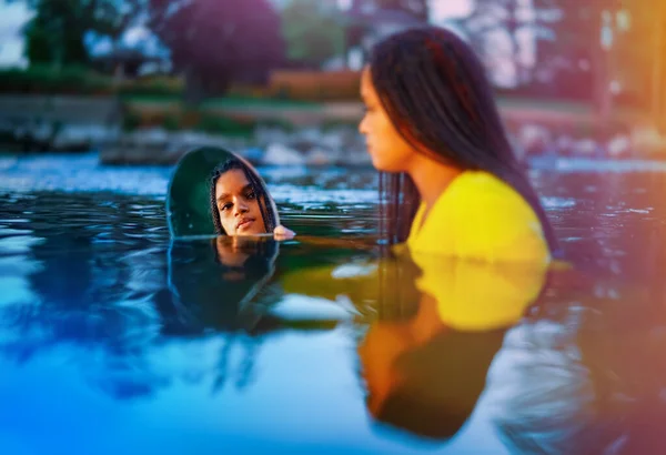 Portrait Beautiful Young Middle Eastern Woman Yellow Dress River Looking — Stock Photo, Image