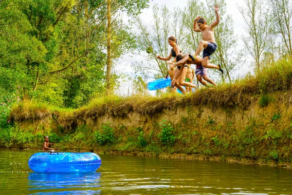Excited Happy Children Jumping River — Stock Photo, Image