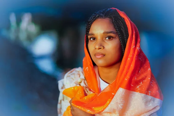Portrait Beautiful Young Middle Eastern Woman Orange Headscarf — Stock Fotó