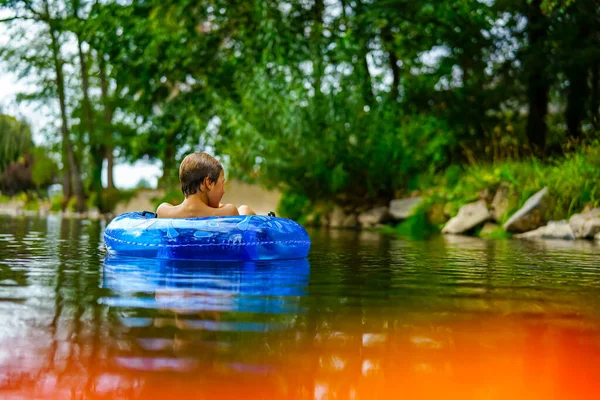 Boy Relaxing Lonely Blue Buoy Wild River — Stock Photo, Image