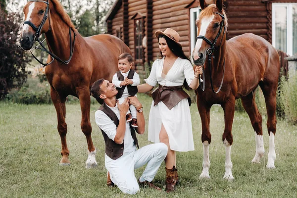 Rodzina w białych ubraniach z synem stoi w pobliżu dwóch pięknych koni w przyrodzie. Stylowa para z dzieckiem jest fotografowana z końmi — Zdjęcie stockowe