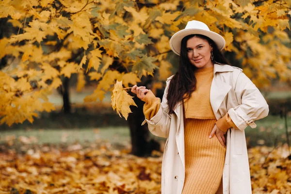 Beyaz önlüklü ve şapkalı bir kız sonbahar parkında gülümsüyor. Altın sonbaharda bir kadının portresi.. — Stok fotoğraf
