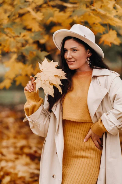 Una chica con un abrigo blanco y un sombrero sonríe en un parque otoñal.Retrato de una mujer en otoño dorado. —  Fotos de Stock