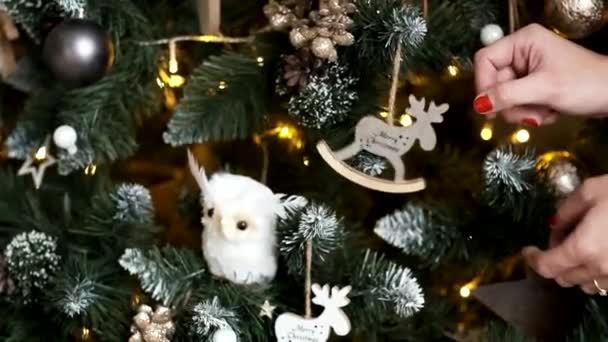 圣诞树特写 挂着一头鹿及题词 圣诞快乐 还有一个装饰圣诞树的女孩特写 — 图库视频影像