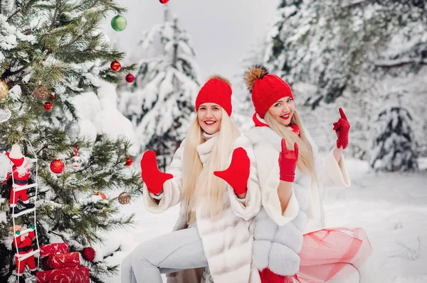 Dwie Dziewczyny Zimowym Lesie Pobliżu Ozdobionej Choinki Dziewczyny Choince Śnieżnym — Zdjęcie stockowe