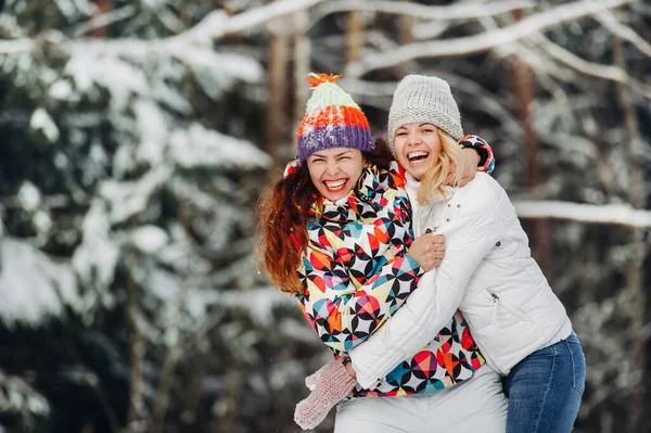 Две Девушки Зимнем Лесу Эмоционально Обнимаются Улыбаются — стоковое фото