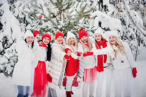 A large group of girls with glasses of champagne in their hands stands in the winter forest.Girls in red and white clothes with new year\'s drinks in a snow-covered forest