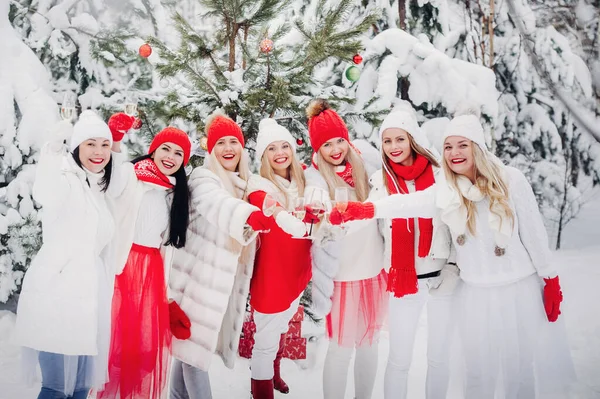 Велика Група Дівчат Келихах Шампанського Руках Стоїть Зимовому Лісі Дівчата — стокове фото