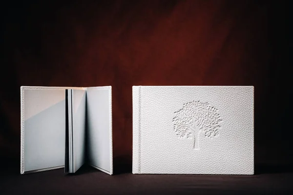 Zusammensetzung Von Fotobüchern Aus Naturweißem Leder Verschiedenen Größen Das Weißbuch — Stockfoto
