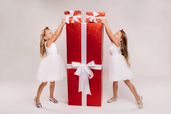 Dos Niñas Con Regalos Navidad Sobre Fondo Blanco Enorme Regalo —  Fotos de Stock