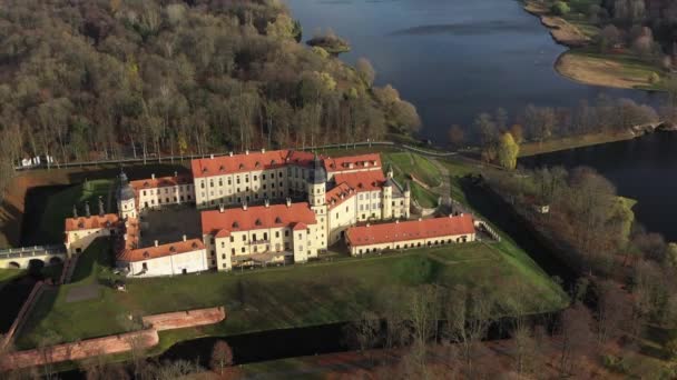 Sorvolando Castello Nesvizh Parco Intorno Castello Lago Video Aereo Nesvizh — Video Stock