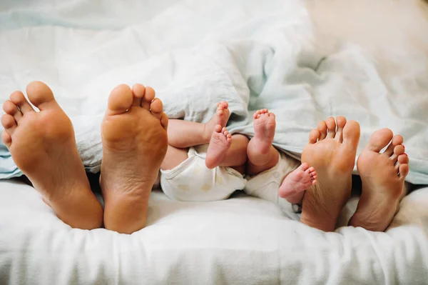 Pés Pais Crianças Sob Cobertor Mamãe Papai Com Crianças Jazem — Fotografia de Stock