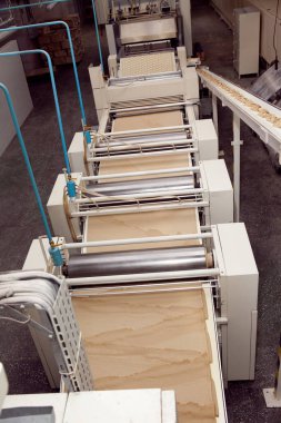 Fabrikada kurabiye yapmak için bir makine. Kurabiye hamurlu taşıyıcı bant.