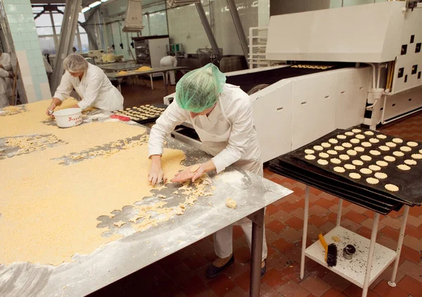 a girl makes cookie molds from a large piece of dough in a bakery.