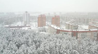 Kışın karla kaplı ağaçlarla ve bir ev kompleksi ile kış ormanının yüksekliğinden manzarayı izle