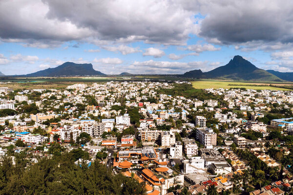 Panoramic view from above of the town and mountains on the island of Mauritius, Mauritius Island.