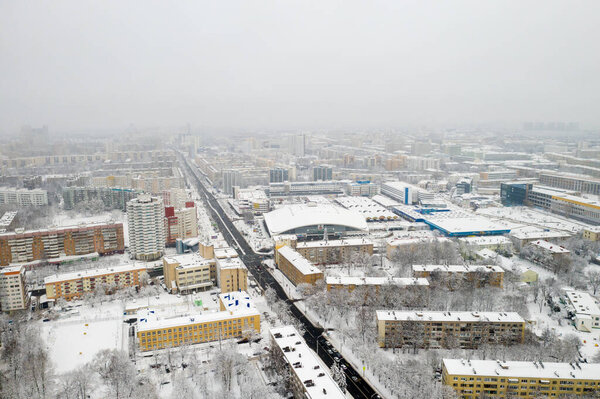Snow-covered city center of Minsk from a height. Belarus.